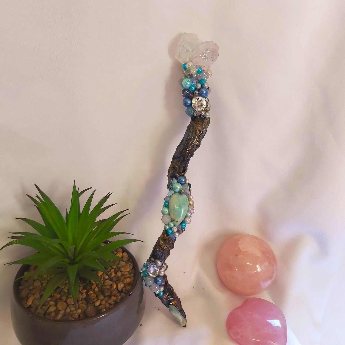 Clear Quartz & Caribbean Calcite Gemstone Crystal Healing Wand (#195)