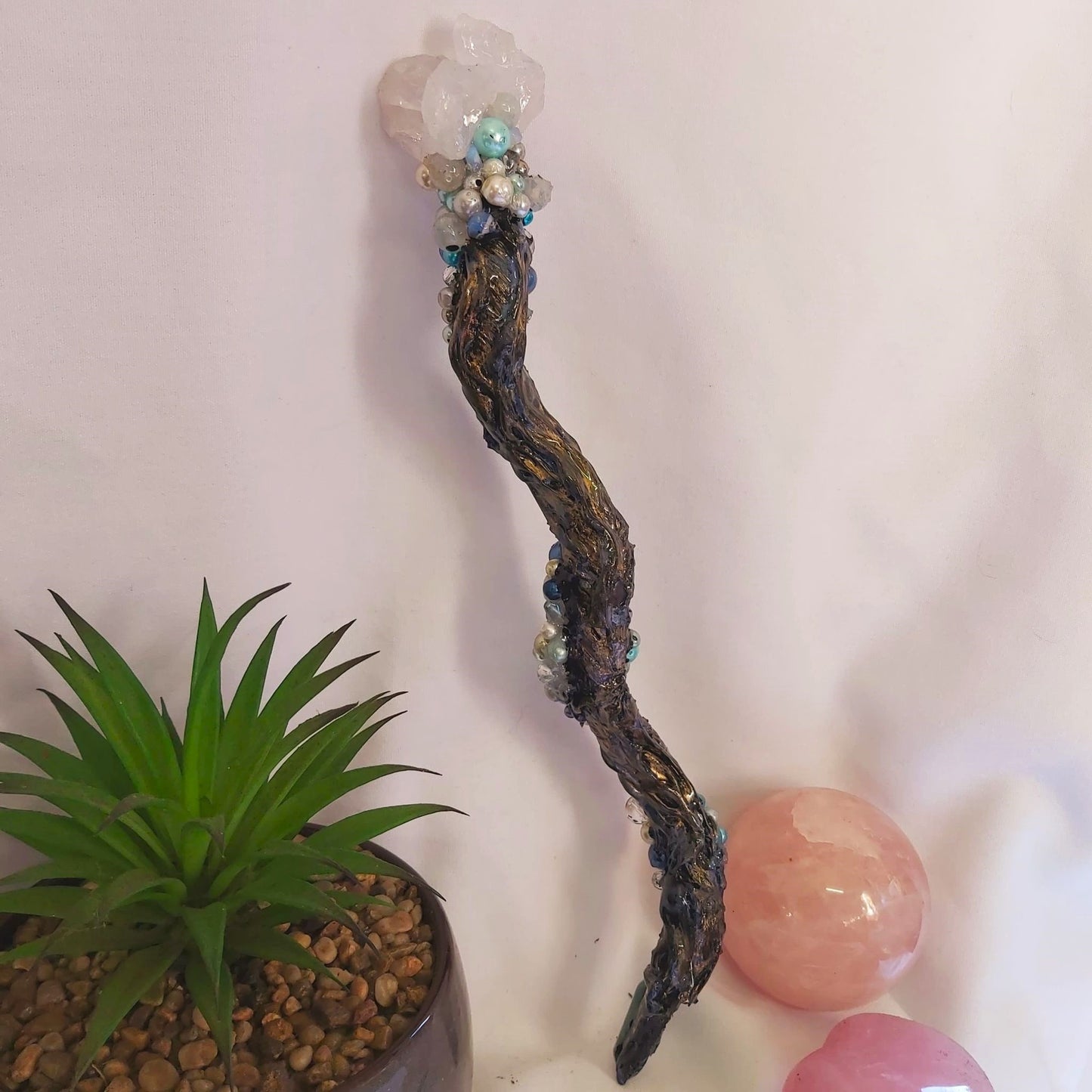 Clear Quartz & Caribbean Calcite Gemstone Crystal Healing Wand (#195)