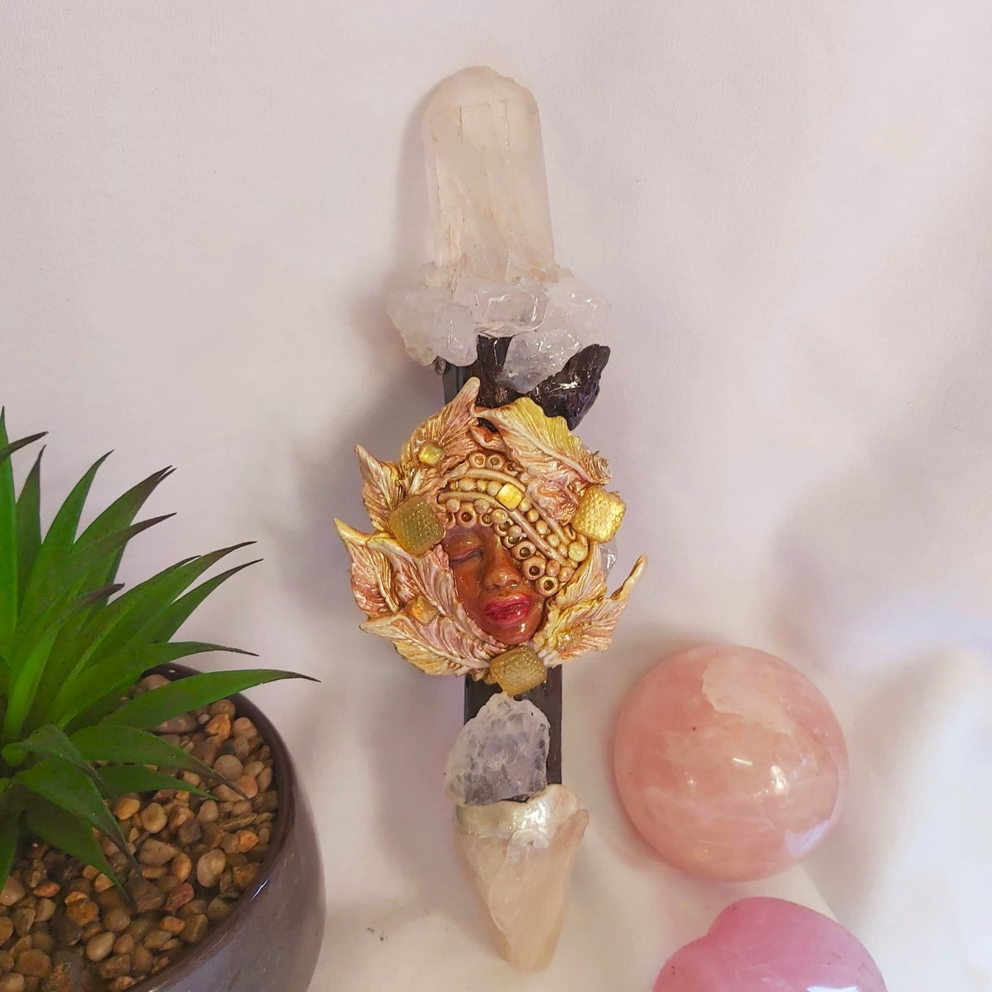 Wamooya Clear Quartz & Moonstone Gemstone Crystal Healing Wand (#197)