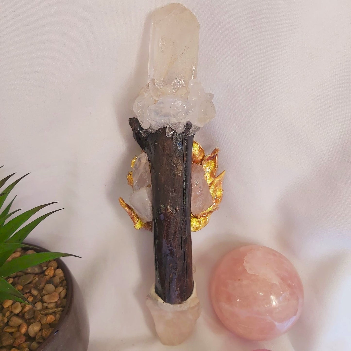 Wamooya Clear Quartz & Moonstone Gemstone Crystal Healing Wand (#197)
