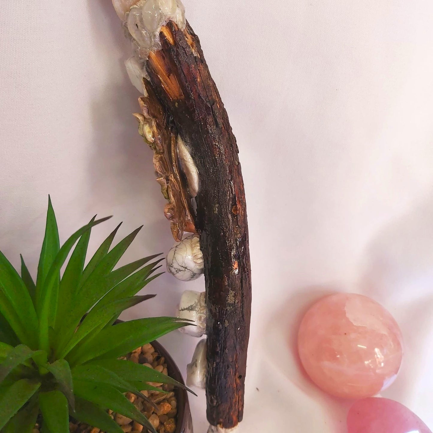 Handmade Pele Clear Quartz & Howlite Gemstone Crystal Healing Wand (#200)